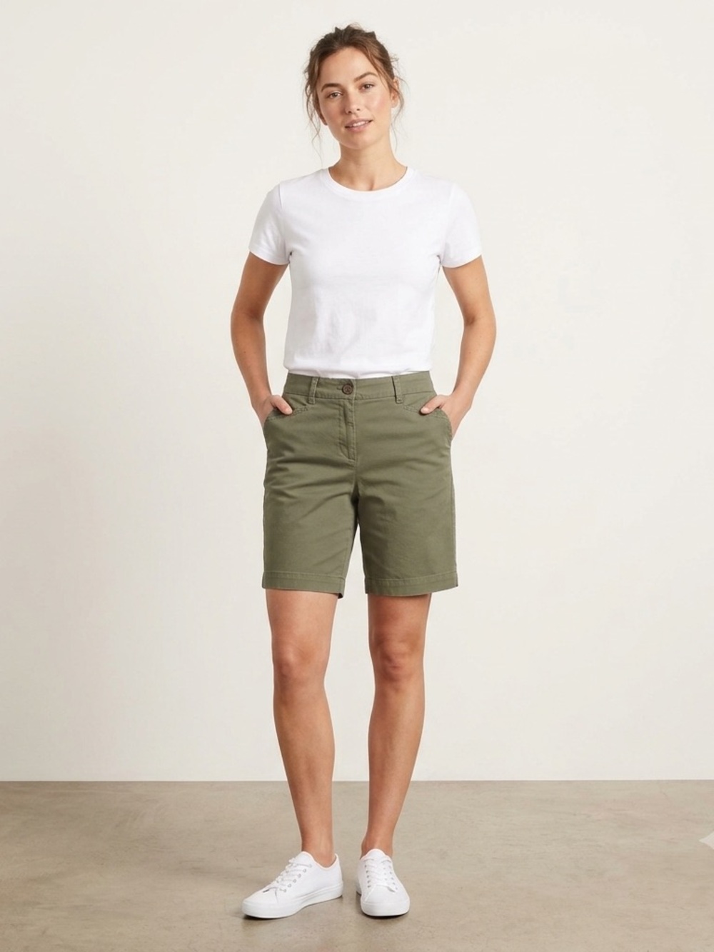 Lands' End Mid-Rise Stretch Chino Bermuda Shorts Olive Green, Fit 2, size 2. - Picture 1 of 4
